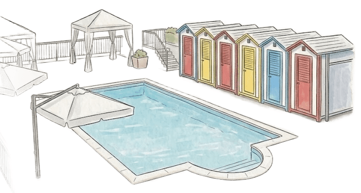 La piscina della location con le cabine colorate